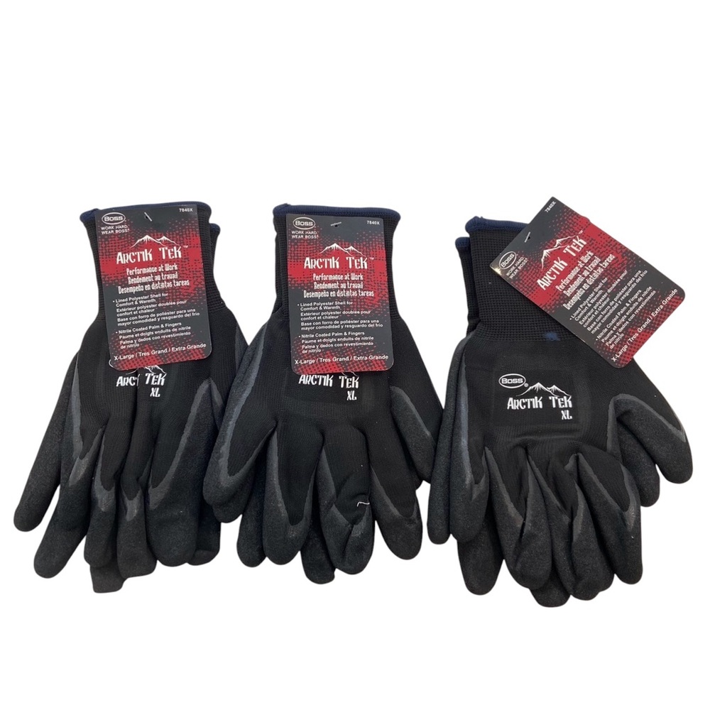 Boss Arctik Tek Black Work Gloves Bundle Of 3 Large Lined Polyester & Nitrile-Co